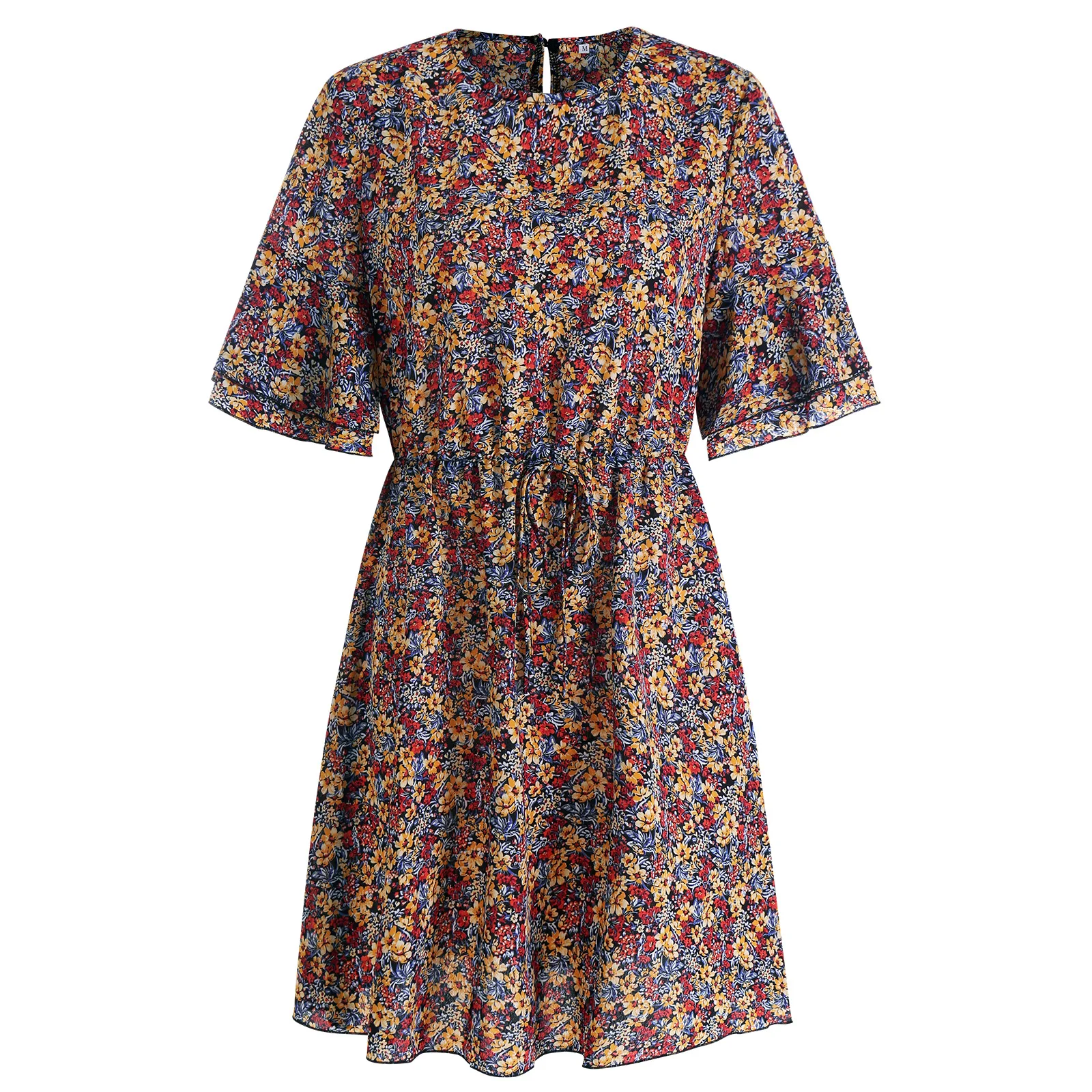 

Women's 2023 Summer New Five-point Sleeve Floral Chiffon Dress Woman Casual Commuter Office Clothing Lady