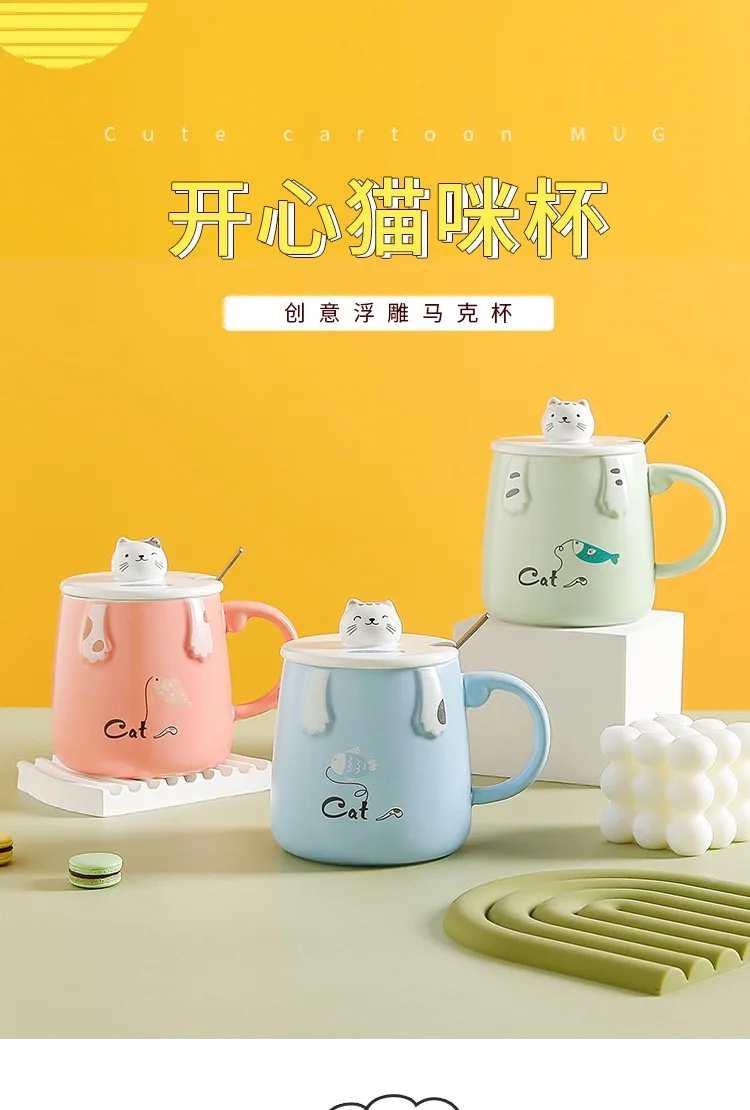 

Cat claw ceramic cup, with lid and spoon, for office and home use, cute coffee cup, cute design, Christmas gift