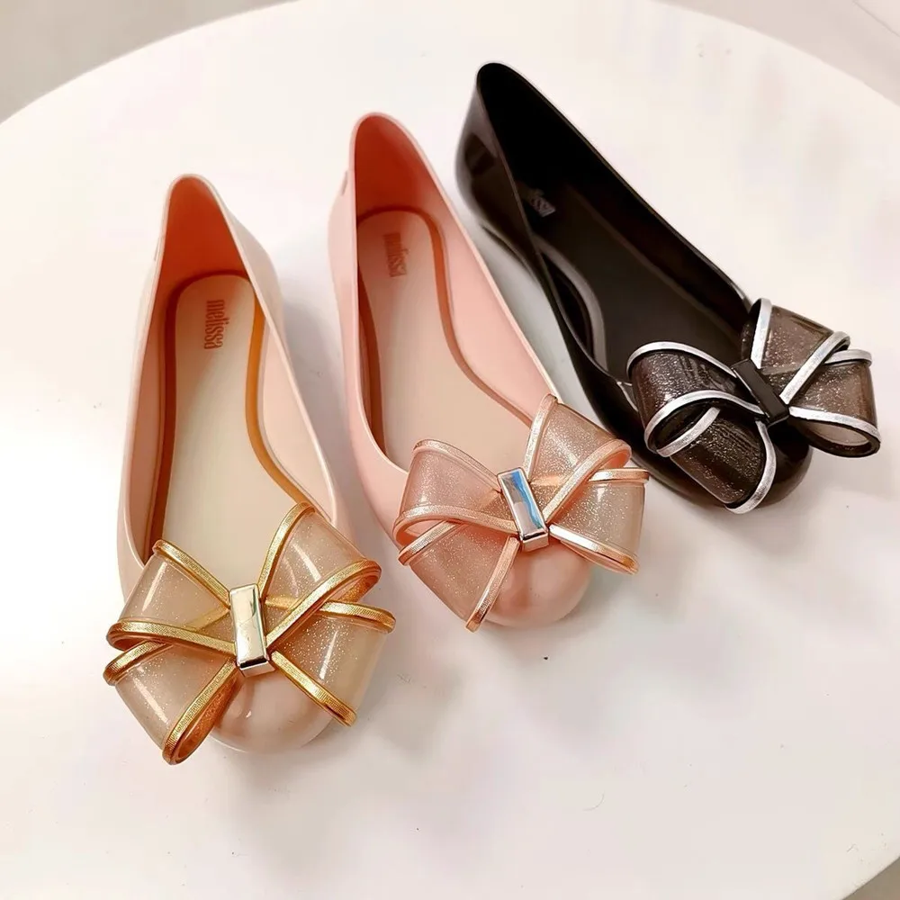 

New Melissa Brazil Jelly Shoes Women Bow Flat Round Toe Single Summer Sandals Ladies Fashion Comfortable Beach Shoes SM105