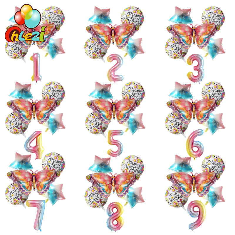 

6 шт. Разноцветные цифры-бабочки, розовые Синие Бабочки-шары, 30 дюймов, радуга, гелиевые цифровые шары, украшения для дня рождения