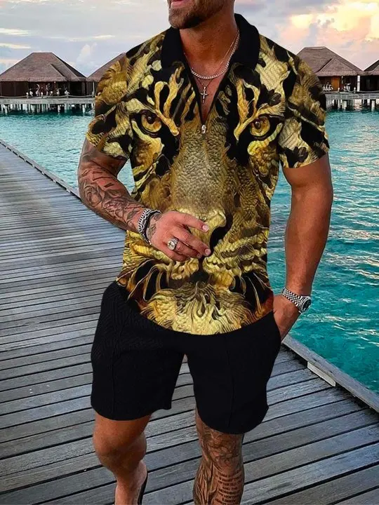 

Summer 2022 Men's Tracksuit animal Printing Short Sleeve Zipper Polo Shirt&Shorts Set for Men Casual Streetwear 2-Piece Suit