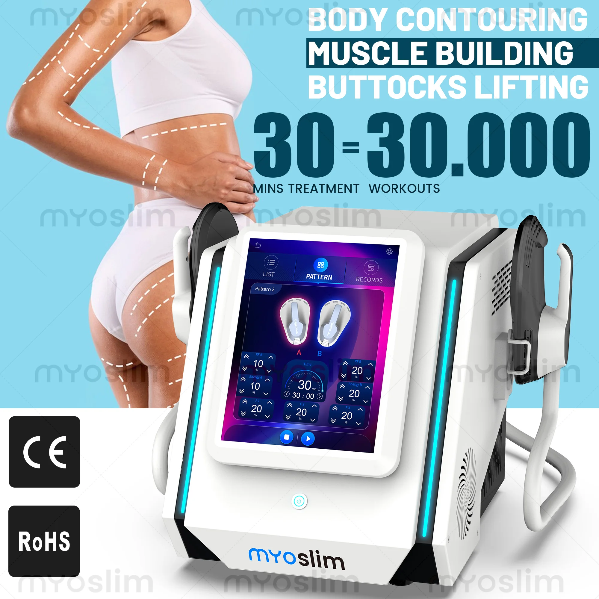 Фото Аппарат для коррекции фигуры Myoslim с двумя рукоятками: для наращивания мышц, подтяжки ягодиц, снижения веса и контурной пластики тела №2