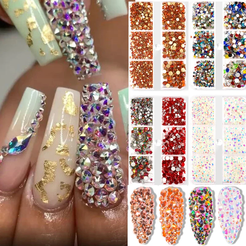 

1 Box Crystal Nail Art Rhinestone Gold Silver Clear All Color Flat Bottom Mixed Shape DIY Nail Art 3D Decoration In 6 Girds