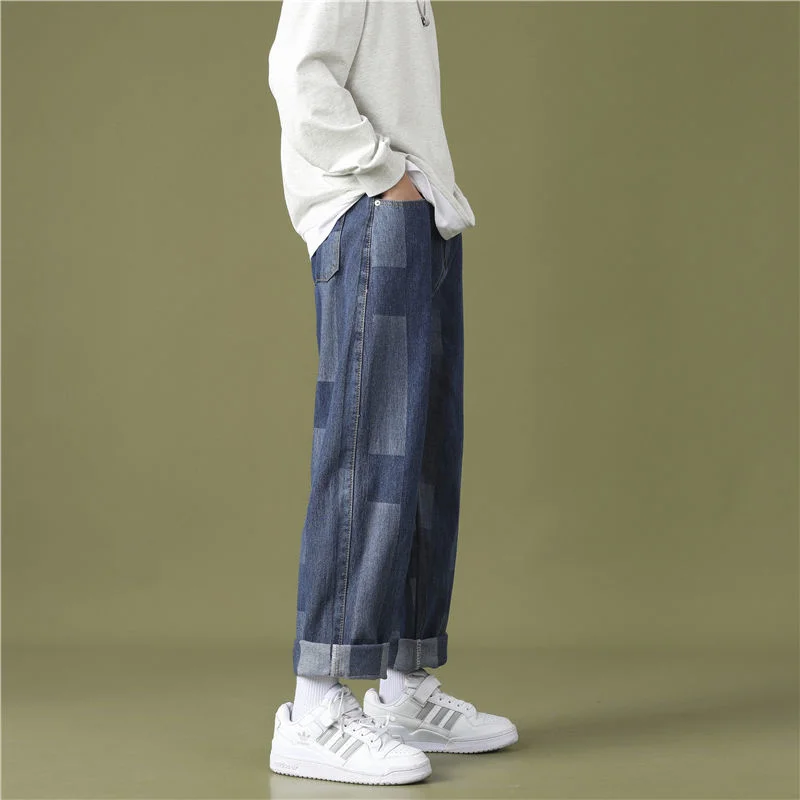 Summer Blue Baggy Jeans Men Fashion Retro Plaid Jeans Men Streetwear Hip Hop Loose Straight Denim Pants Mens Trousers M-2XL