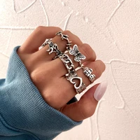 6pcsset punk hip hop hollow heart knuckle ring set for women vintage butterfly angel geometric silver ring trend party jewelry