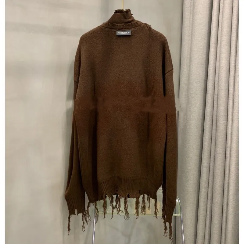

Men Women Vetements Sweaters Vintage Broken Tassel Brown Turtleneck Sweater High Street Casual Loose VTM Knitted Sweatshirts