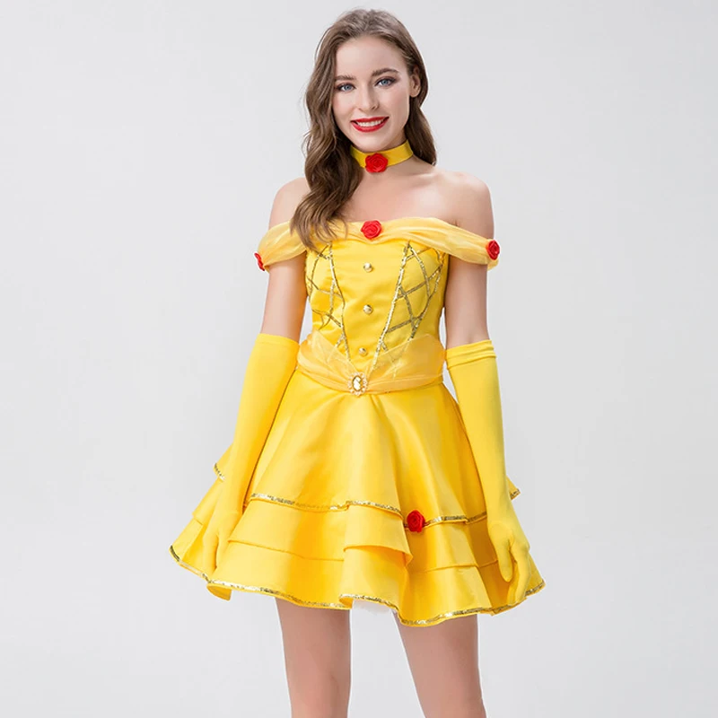 

Lady Beauty Belle Aurora Princess Costume Classic Cute Fairy Tale Strapless Dress Cosplay Carnival Halloween Party Fancy Dress