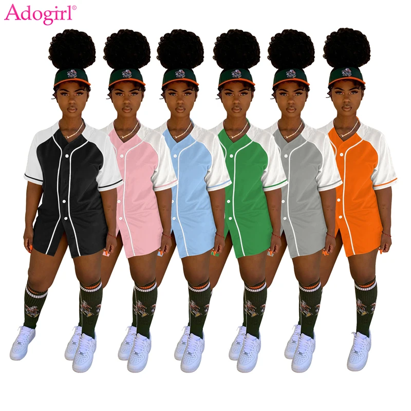 

Adogirl Color Patchwork Baseball Jersey Women Single Breasted V Neck Short Sleeve Loose Casual T-shirt Customized Tees Tops