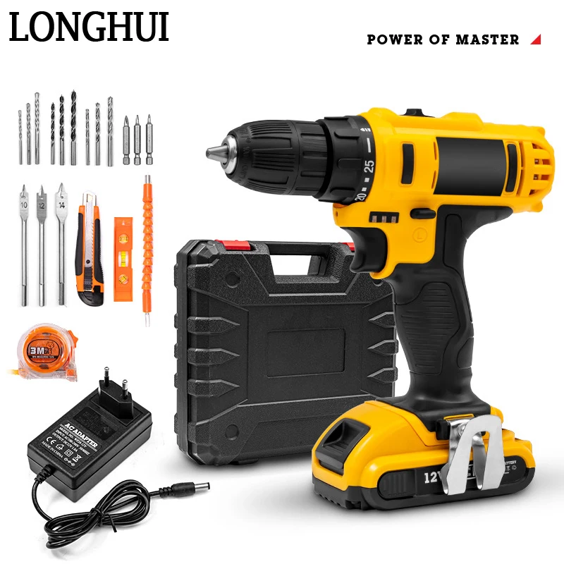 HILDA Lithium Electric Drill Hammer Drill 12V 16V 20V Cordless Drill Electric Hand Drill Screwdriver Wireless Battery Power Tool