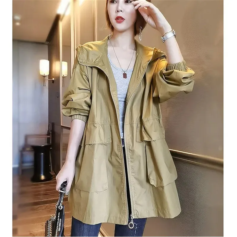 

2023 Women's Windbreaker Jackets Mid-Length New Spring Autumn Casaco Thin Coat Loose Casual Hooded Jacket Female Outerwear