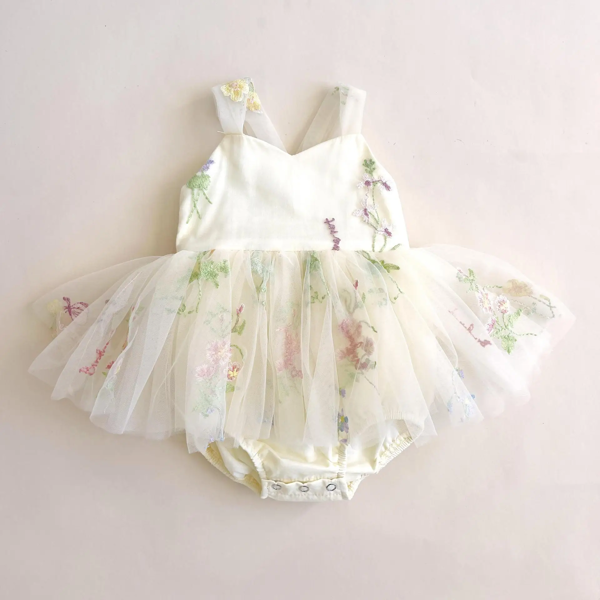 

2023 Summer New Baby Girl Sleeveless Sling Bodysuit Cute Flower Embroidered Princess Mesh Dress Foe Infant Girl Jumpsuit 0-24M