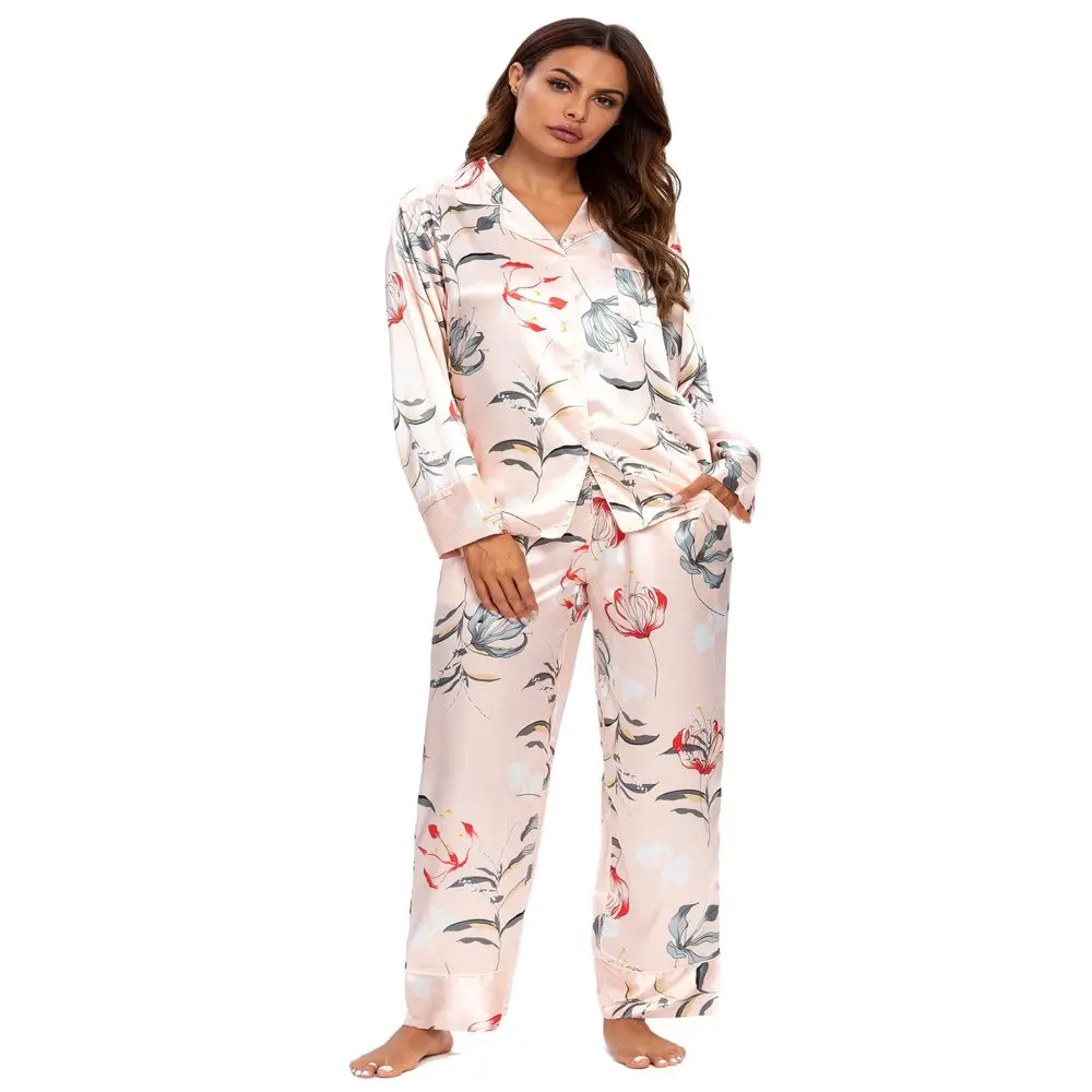 

MintLimit Womens Silk Satin Pajamas Set Button Down Pjs Floral Long Sleeve Sleepwear Lady Nightwear Soft Lounge Sets S