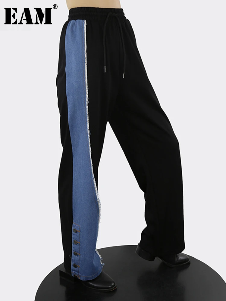 

[EAM] High Elastic Waist Black Color-block Denim Long Trousers New Loose Fit Pants Women Fashion Tide Spring Autumn 2022 1DE6076