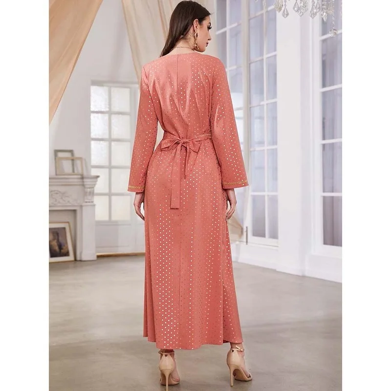 2022 New Arabian Robe Long Sleeves Orange Dot Foil Print Embroidery Lace Up Maxi Dress Middle East Satin Kaftan Jellaba Moroccan