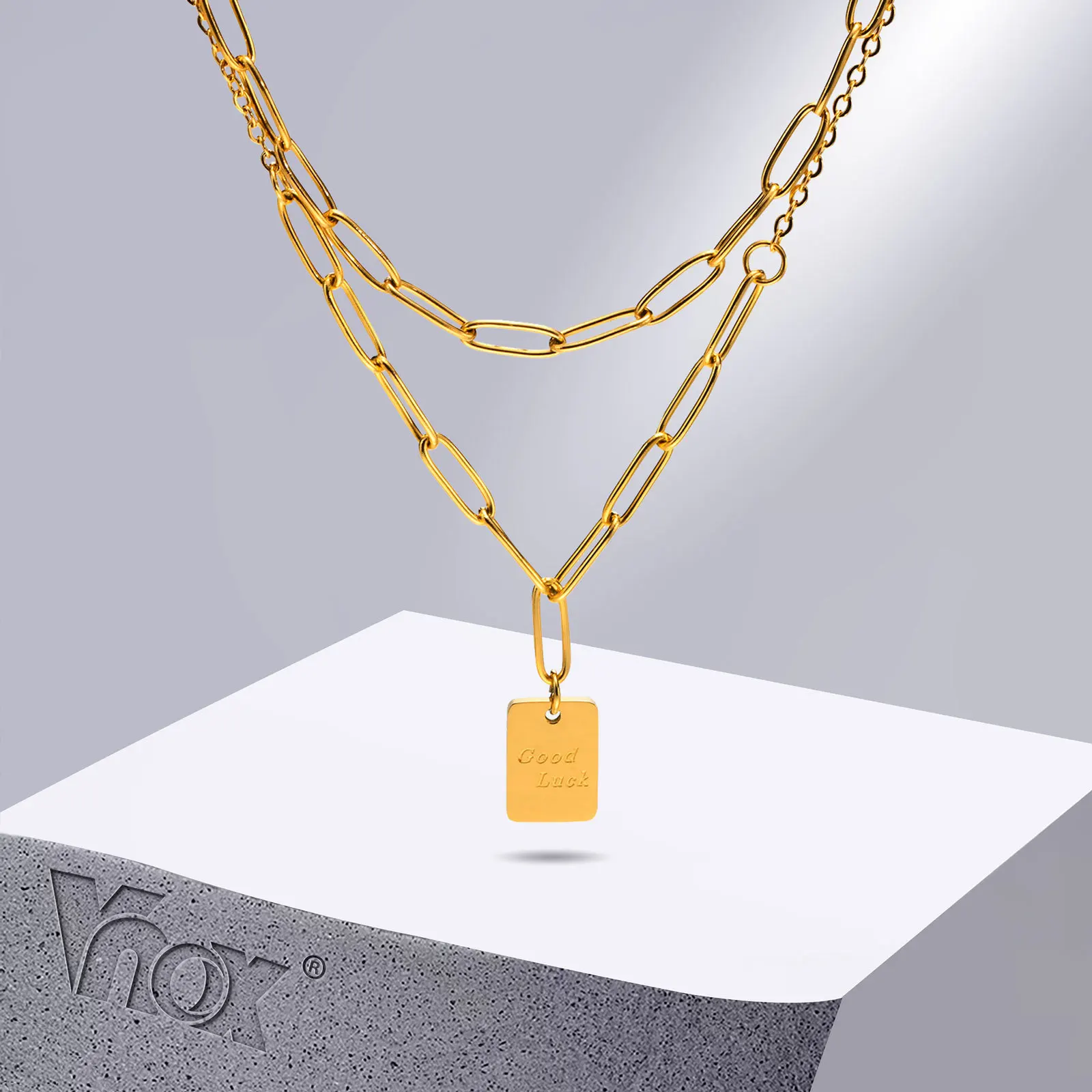

Vnox Good Luck Necklace for Women, Layered Rectangle Paperclip Chain Necklace, Geometric Fortune Pendant, Elegant Chic Collar