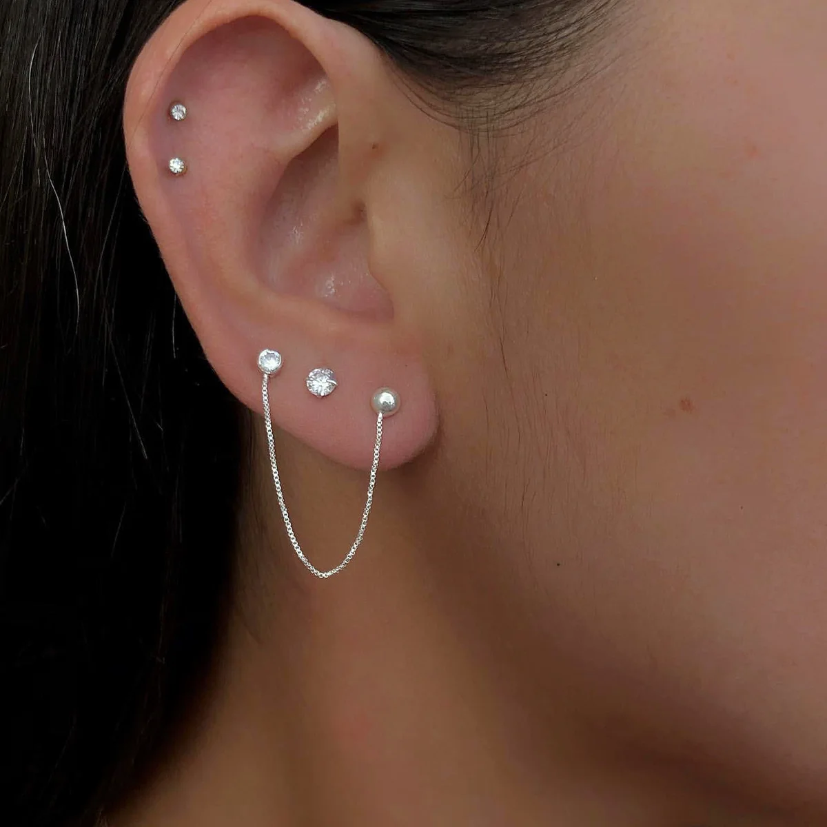 

Korean Fashion Minimalist Chain Earrings Titanium Steel Chain Threader Drop Cuff Double Chain Piercing Earrings Unisex Jewelry