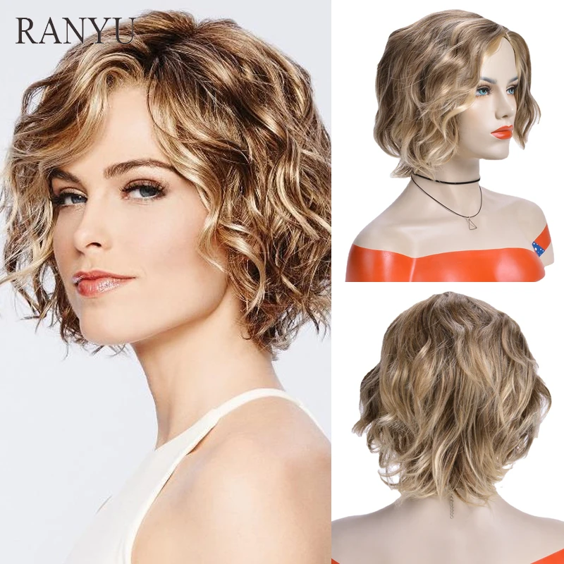 

RANYU Short Women Synthetic Wig Wavy Curly Ombre Brown Natural Wig for Party Daily Cosplay Heat Resistant