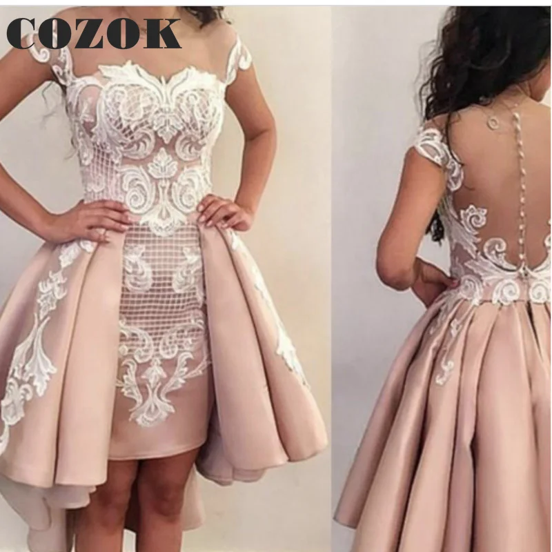 

Satin Appliques Lace Pink Short Homecoming Dress Cap Sleeves Illusion Cocktail Party Gowns Vestidos De Fiesta Custom LF88