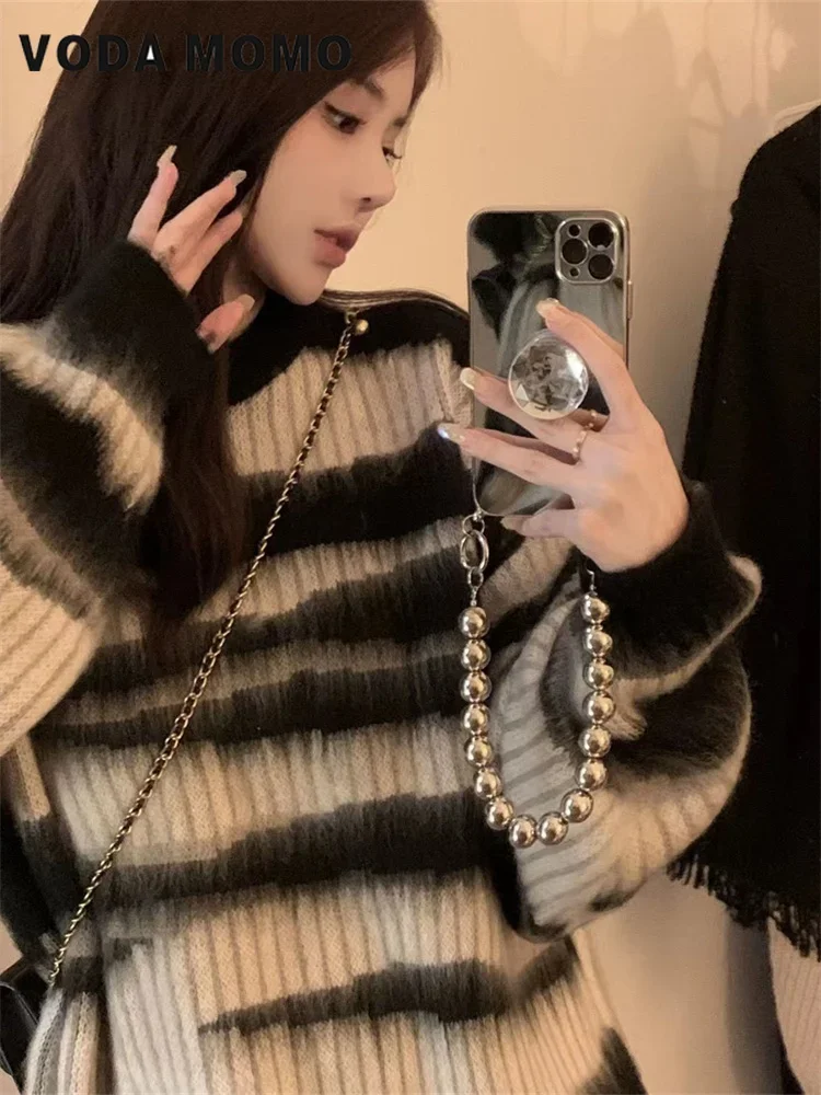 Женский мягкий свободный винтажный вязаный топ на осень-зиму 2023 нежный стиль