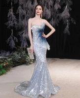 luxurious sexy glitter sequined mermaid strapless slim formal evening party prom gowns backless sweep train banquet dresses 2022