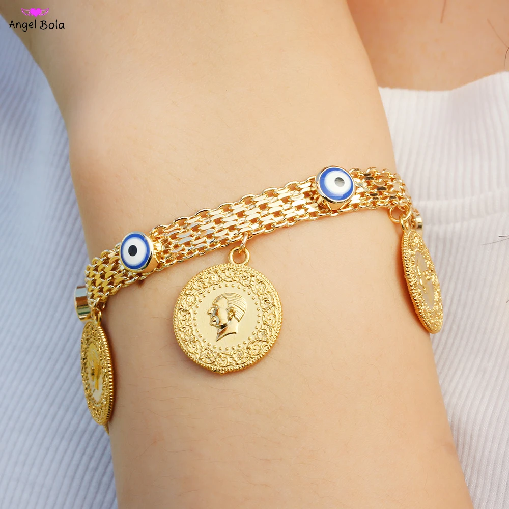 

Trendy Blue Evil Eye Bracelet Jewelry Golden Bright Coin Pendant Women Men Fashion Luxury Friendship Bracelets Gift Wholesale