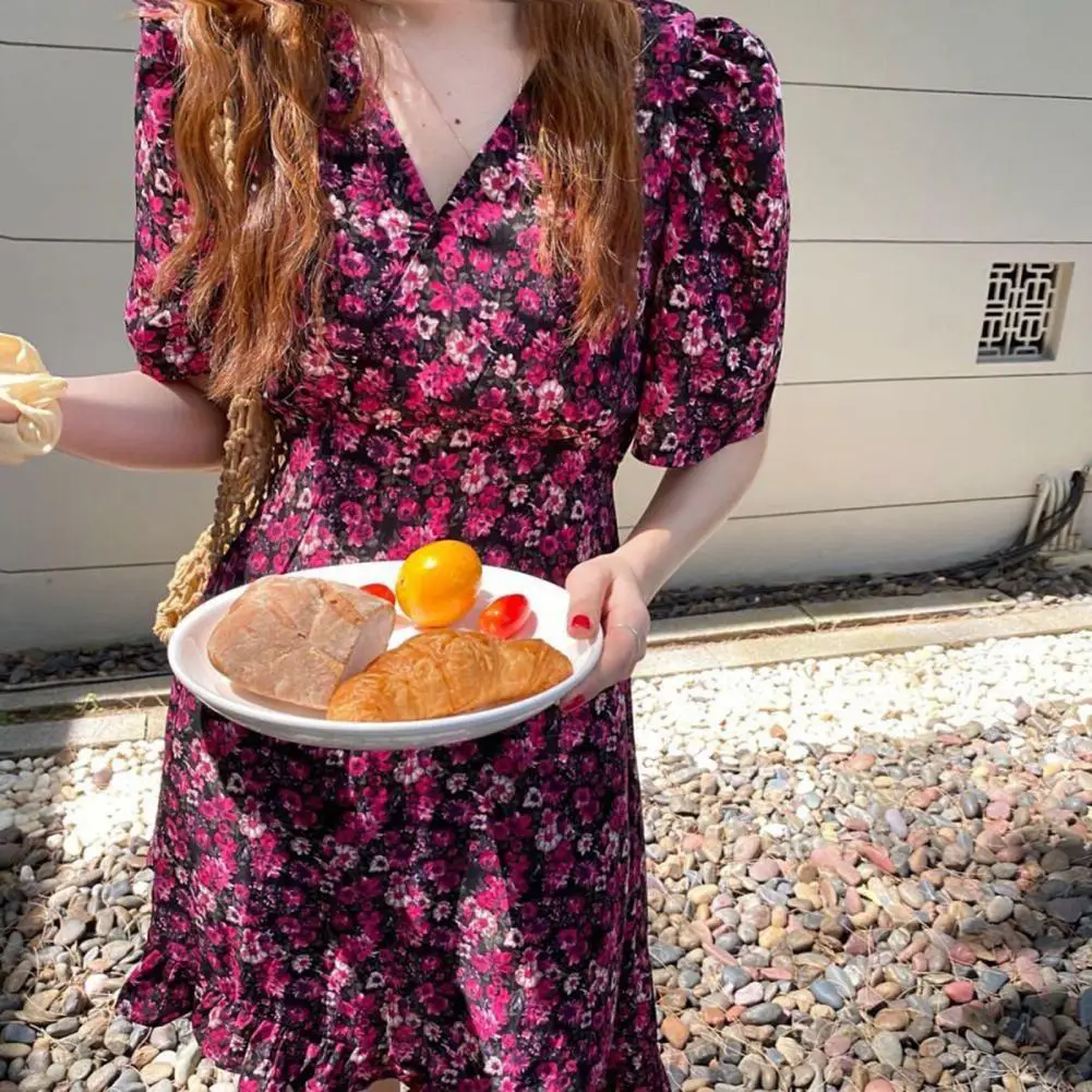 

Summer Women Dress Polyester Elegant Floral Print Ruffles Summer Short Sleeve V Neck Skirt for Dating 2022