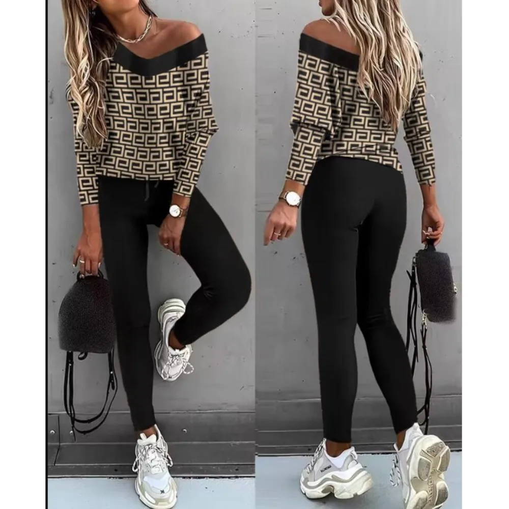 

Autumn Two Piece Sets Womens V-neck Geometric Print Pullover Top & Pants Set Outifits Fashion Tracksuits Casual Elegant Suit