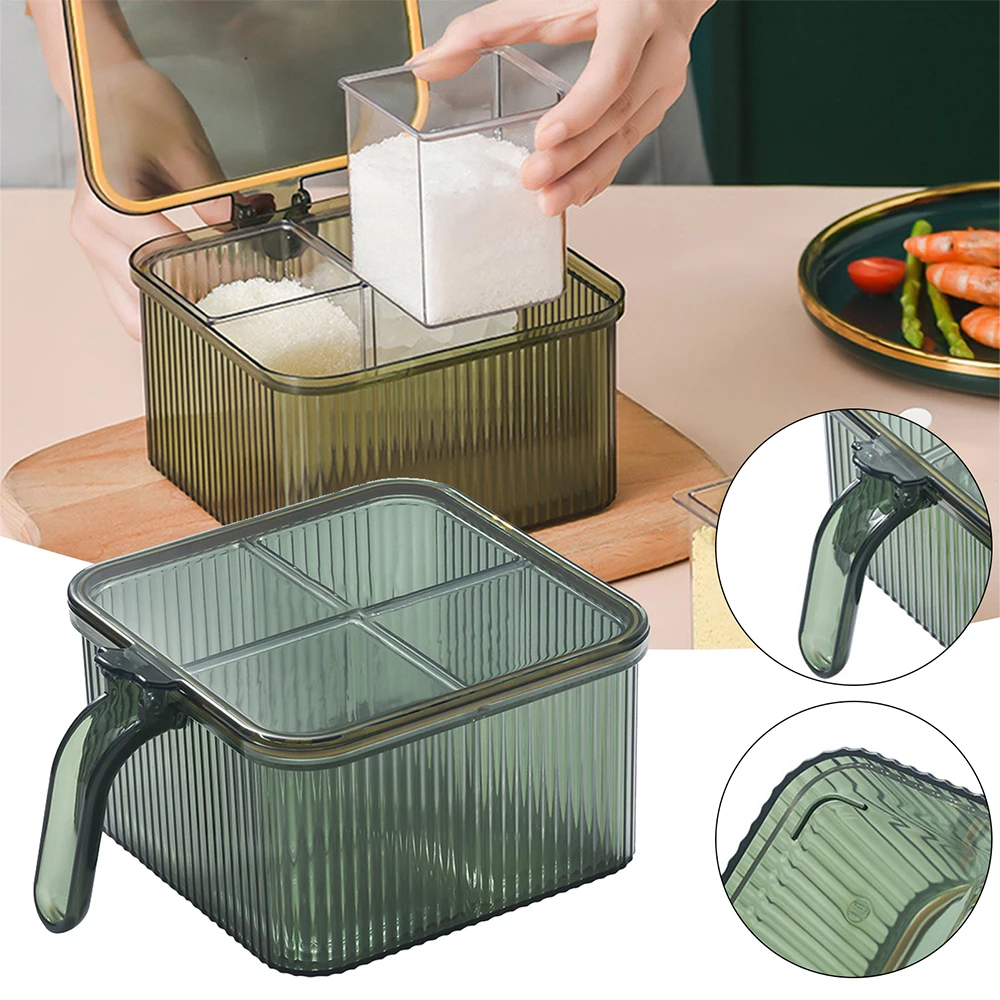 

Seasoning Storage Box with Spoon and Lid 4 Compartment Sealing Clear Spice Multipurpose Jar Kitchen Supplies Reusable Spice