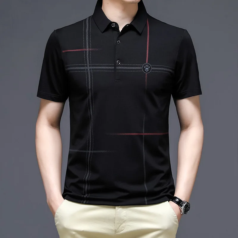 2023 Summer New Ice Silk Short-sleeved T-shirt Men's Business Casual Polo Shirt Thin Lapel T-shirt