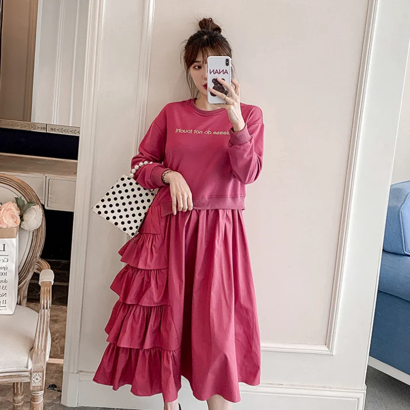 Весеннее женское свободное повседневное платье с круглым вырезом и длинными