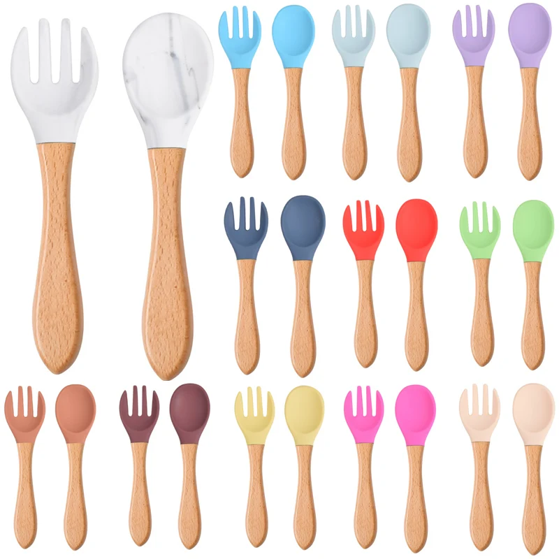 

BPA Free Baby Silicone Spoon Fork Set with Wooden Handle Baby Feeding Spoon Fork Toddlers Infant Feeding Accessories Utensils