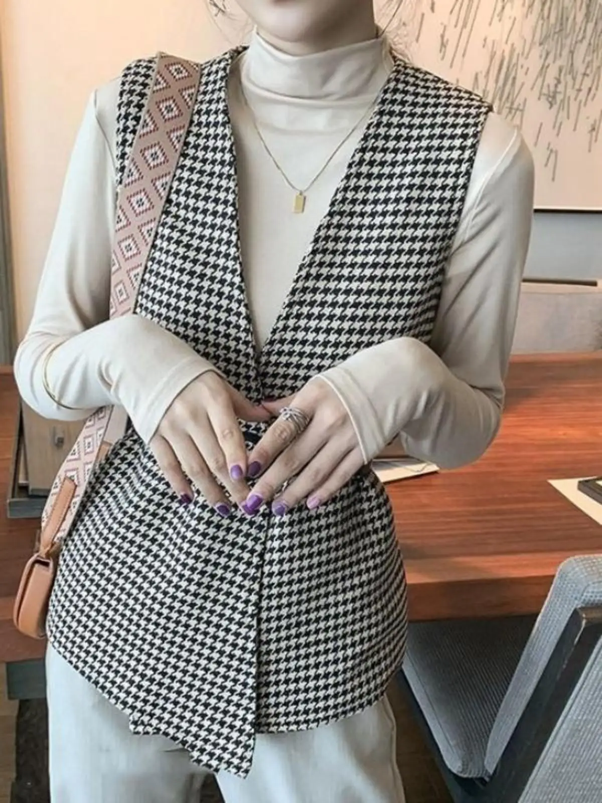 New British Sle Houndstooth Woolen Vest Women Autumn V-neck Loose Slimming Western Sleeveless Outerwear