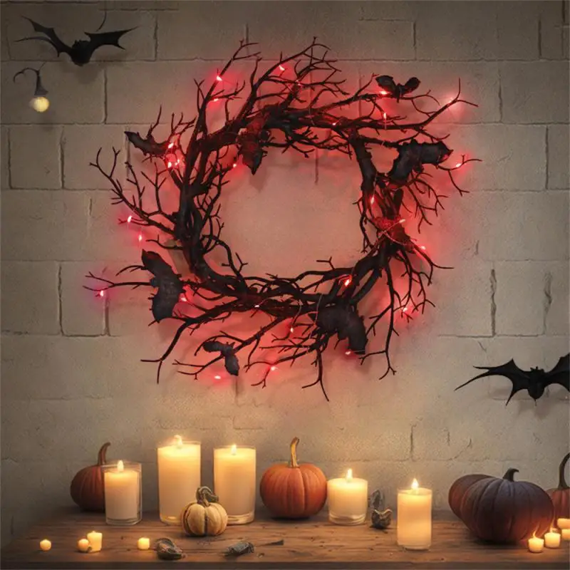 

Halloween Creative Simulation Bat Wreath Black Dead Branch LED Luminous Window Door Decoration Hanging Party Decoration Props