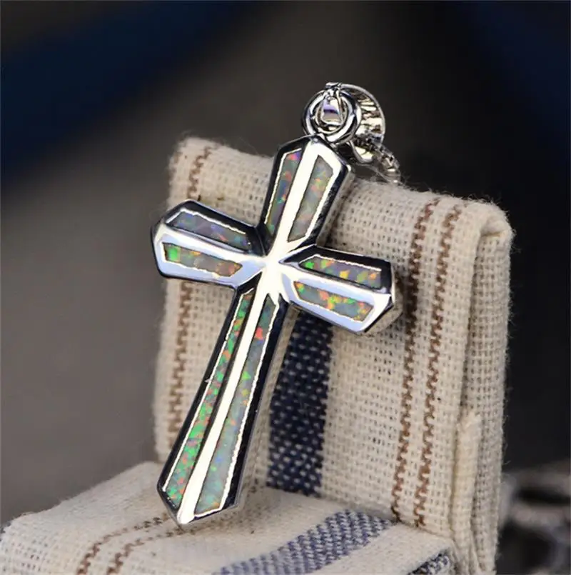 

ANGLANG Fashion Cross Pendants Silver Color Opal Jesus Cross Pendant Necklace Jewelry for Men/Women Wholesale