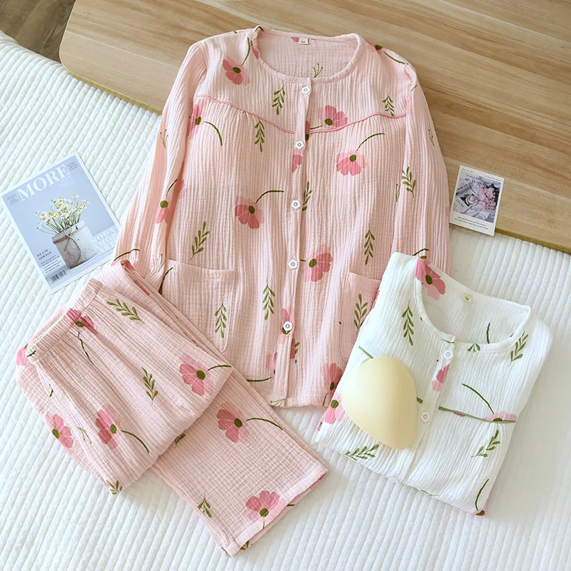 

Women's Cotton Pajama Set with Removable Chest Pad Spring/Summer Long-Sleeved Home Clothing Sweet Sunflower Print Thin Sleepwear