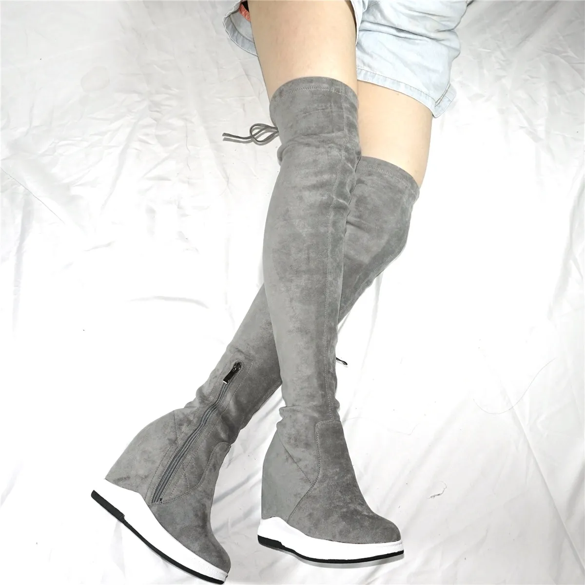 Platform Pumps Shoes Women Stretchy Velvet Wedges High Heel Over the Knee Boots Female Round Toe Fashion Sneakers Casual Shoes