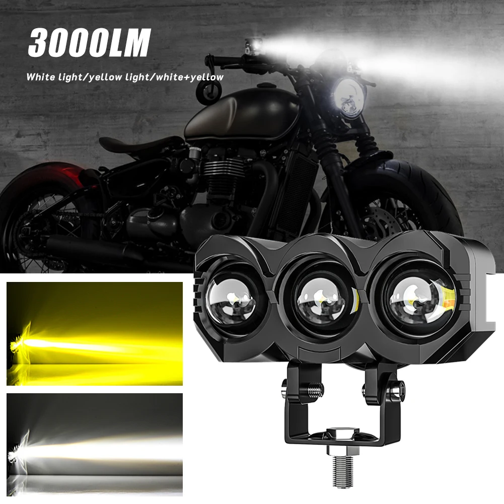 

1PCS 3 Lens Motorcycle Headlight LED Work Light Dual Color Hi/Low Beam Spotlight Flashing Fog Lamps Motorcycle Accessories