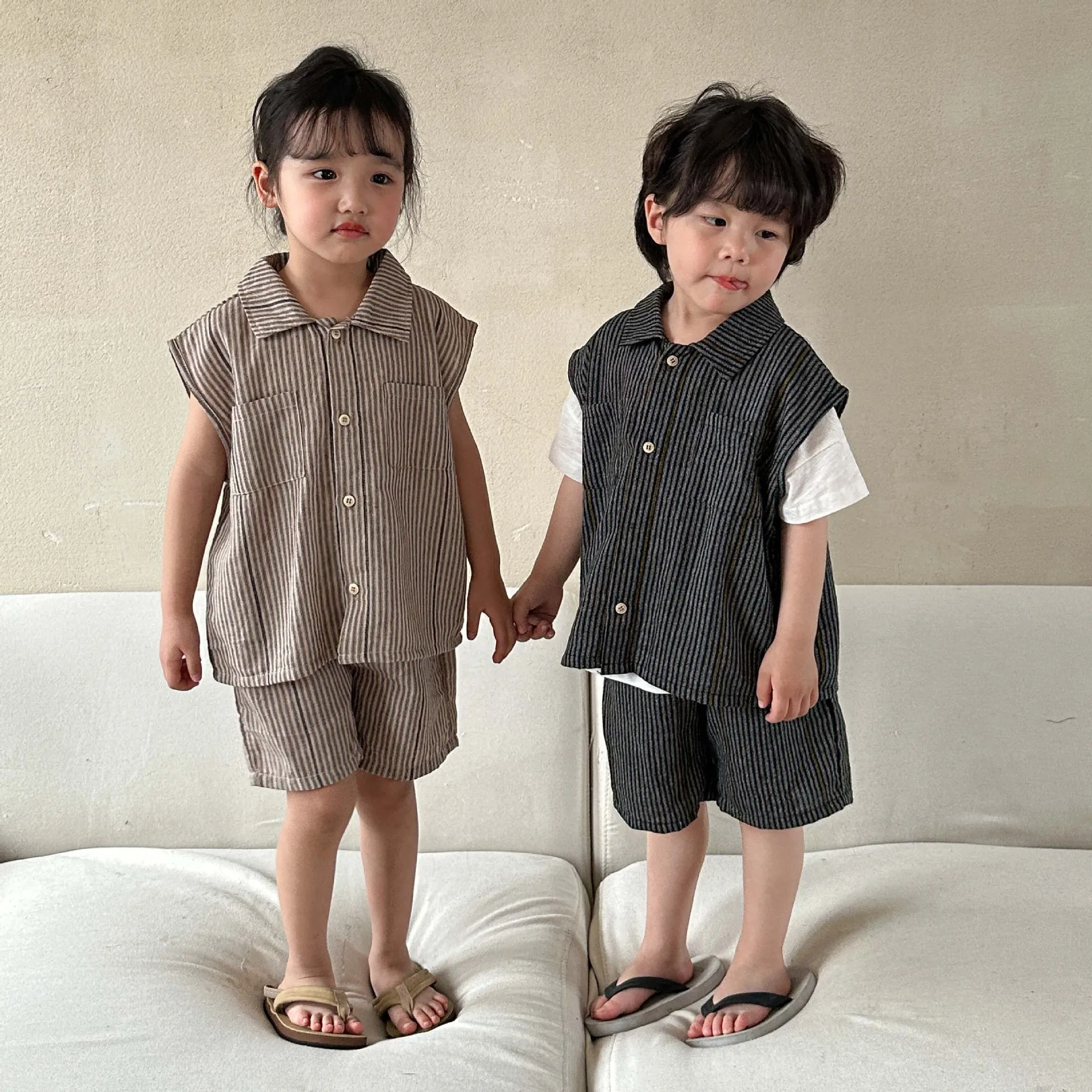 

Summer New Boy Girl Children Striped Casual Blouses Suit Baby Loose Cardigan Short Sleeve Tops+Shorts 2pcs Kid Cotton Shirt Set