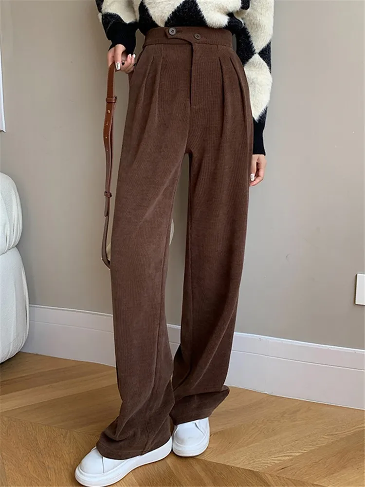 Autumn Winter Women's Wide Legged Pants 2022 New Solid Buttons Elegant High Waist Casual Loose Lady Trousers Female