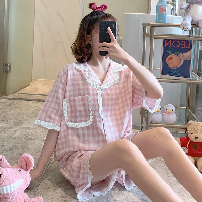 New Pajamas Set for Women Ladies Summer Thin Cotton Short Sleeve Sleepwear Suit Pink Plaid Women Home wear Clothes Set