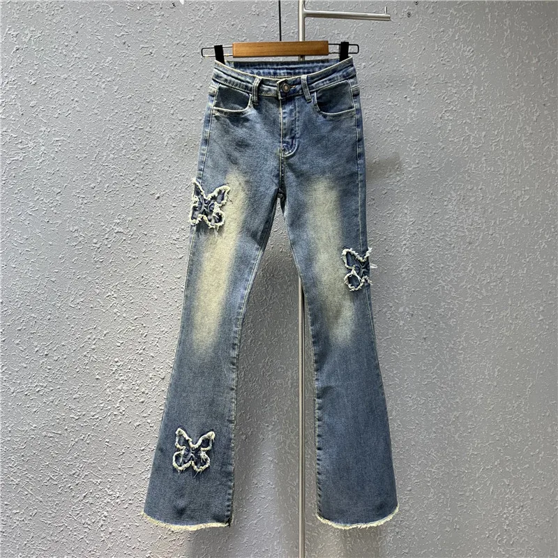 

Retro Blue Sexy Hot Girl Stretch Jean Tight Flared Jeans Butterfly Patch Raw Edge Fashion Bootcut Pants Women Skinny Denim Pants