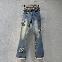 retro blue sexy hot girl stretch jean tight flared jeans butterfly patch raw edge fashion bootcut pants women skinny denim pants