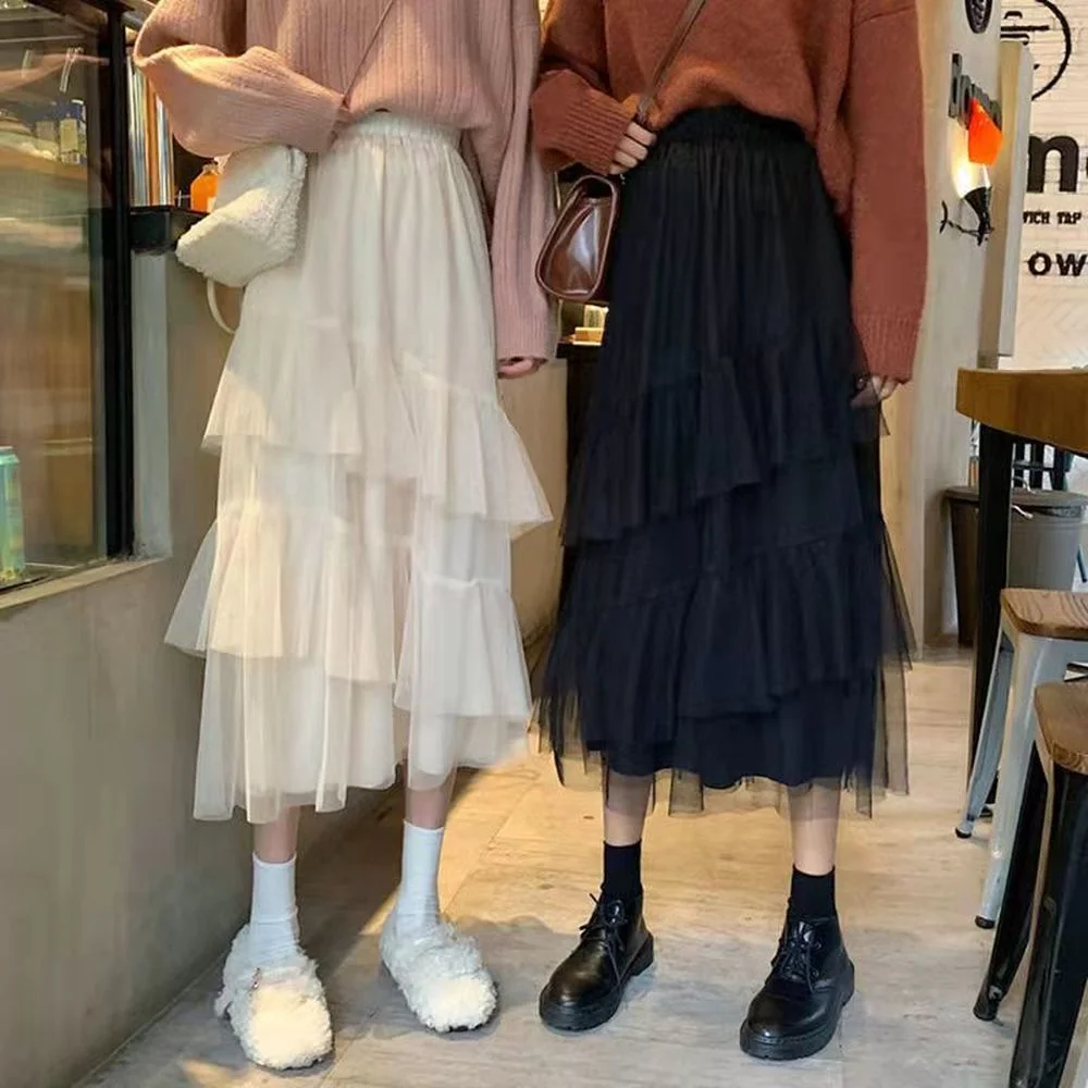 

2022 New Spring Summer Long Tulle Gauze for Girls A-line Korean Style Skirt Asymmetrical Cupcake Skirt Two-layer Mesh Over Skirt