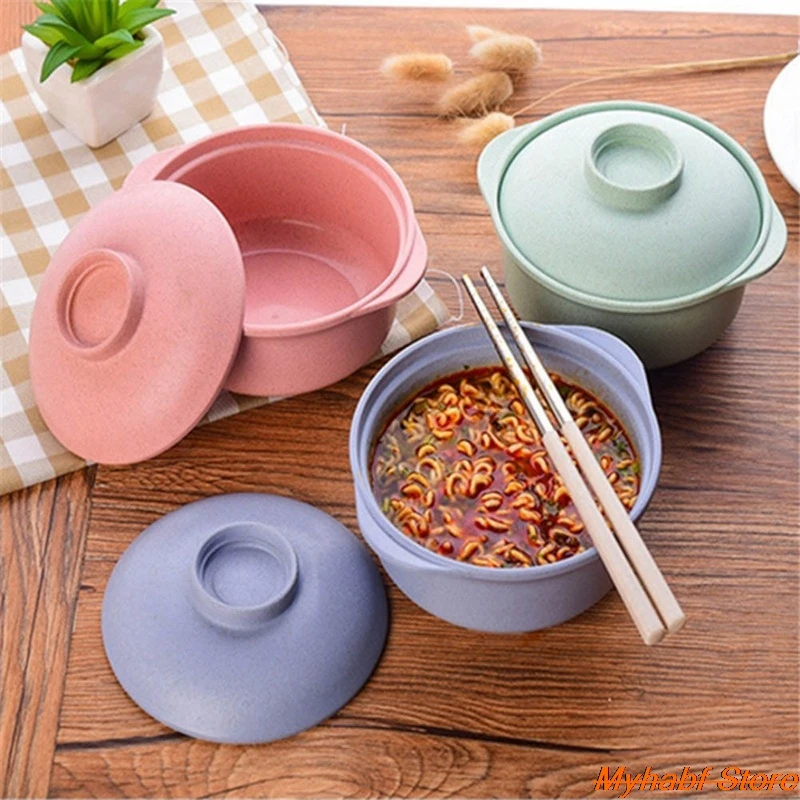 1pc Instant Noodle Bowls With Lid Soup Hot Rice Bowls Japanese Style Students Food Container Bowl Kitchen Tableware Dinnerware