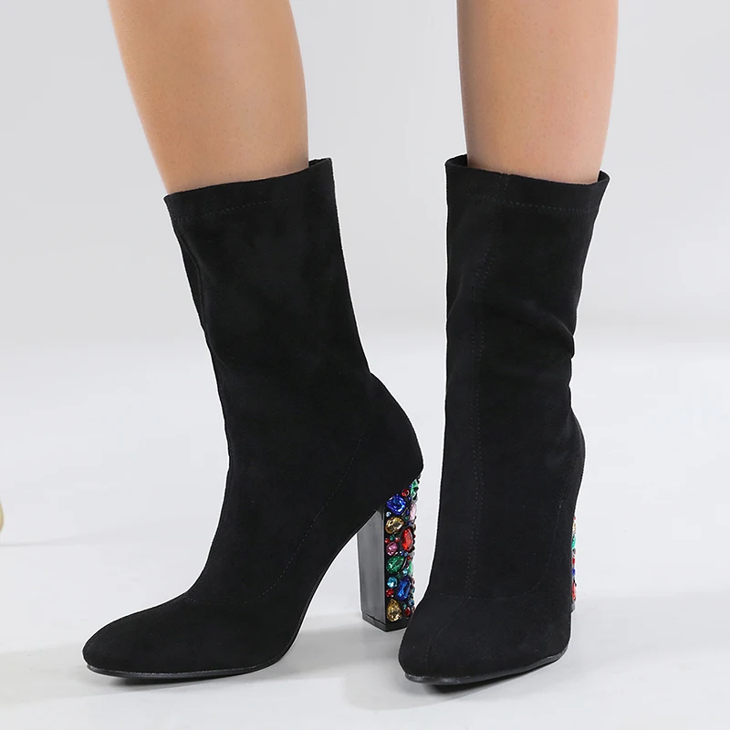 Autumn Winter Pointed Thick Heel Sequins Women's Boots Solid Color Black Fashion Ankle Boots Short Tube Slip On Elastic Fabric