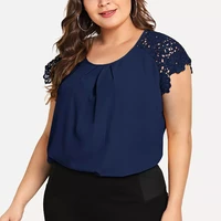 plus size womens blouse summer solid color o neck floral lace shoulder blusas elegantes office ladies shirts blusa feminina 2022