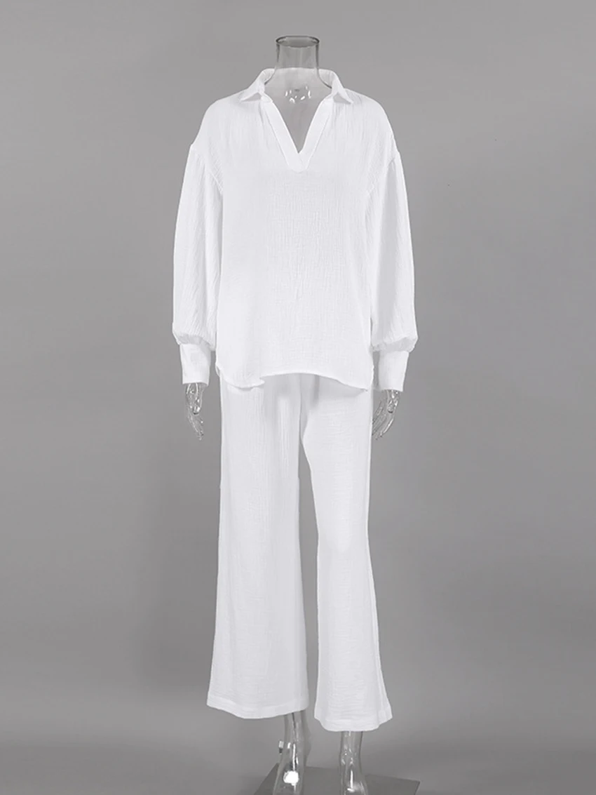 Marthaqiqi Solid Cotton Lantern Female Sleepwear Sexy V-Neck Nightgowns With Elastic Waistline Wide Leg Pants 2 Piece Pajama Set