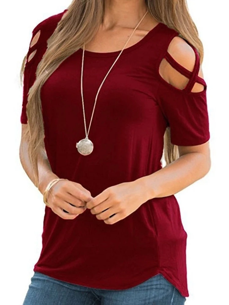 

Women Short Sleeves Shirts Summer Criss-Cross Cold Shoulder Solid Blouses Hollow Out Burgundy O Neck Female Ladies Tops