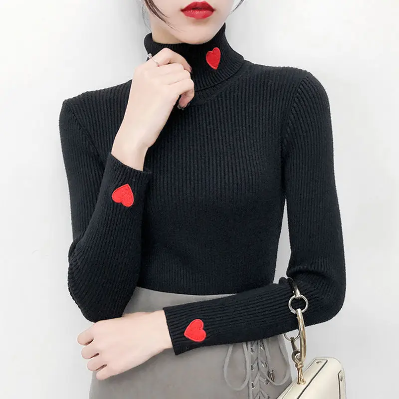 

2023 New Temperament, All-match, Self-cultivation, High-necked Western-style Ladies Sweater, Love Knitted Bottoming Shirt