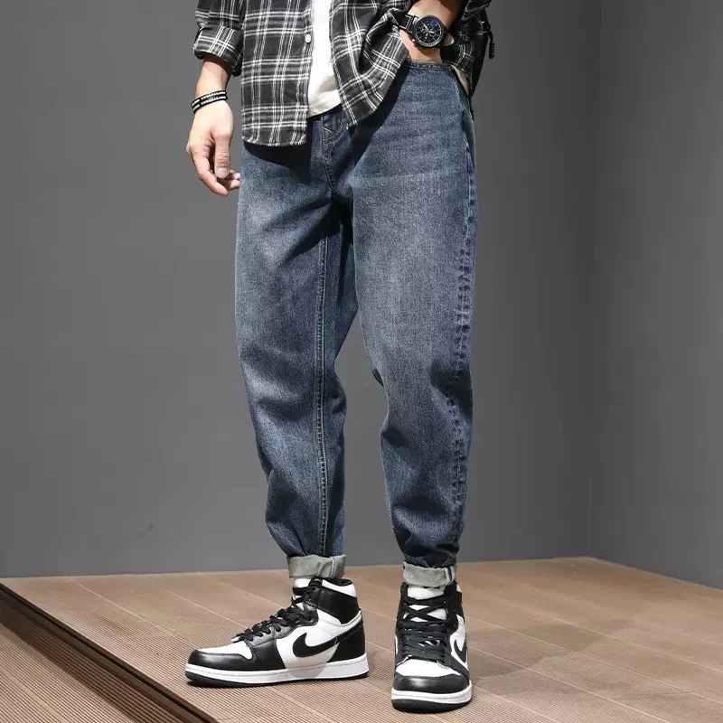 

Fashion Designer Men Jeans Loose Fit Retro Blue Casual Denim Harem Pants Hombre Vintage Straight Jeans Men Wide Leg Trousers